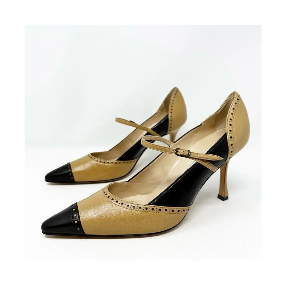 Manolo Blahnik Cap Toe Mary Jane Leather Heels Womens Size EU 39